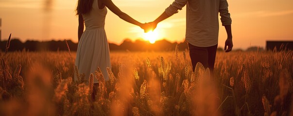 Couple holding hands in a field at sunset. concept passion and love - Powered by Adobe