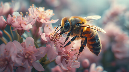 Bee collecting nectar, on a flower macro photography - obrazy, fototapety, plakaty