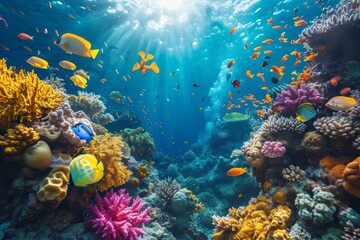 Naklejka na ściany i meble Underwater scene with coral and fish