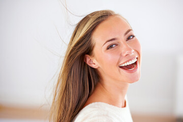 Woman, smile and face for beauty, skincare and hair growth for cosmetic treatment or cosmetology....