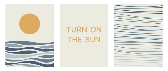 Flat posters. Travel concept. Illustrations with ocean waves and the sun. Set of three isolated cards... © TA Sydoruk