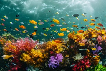 Naklejka na ściany i meble Underwater scene with coral and fish