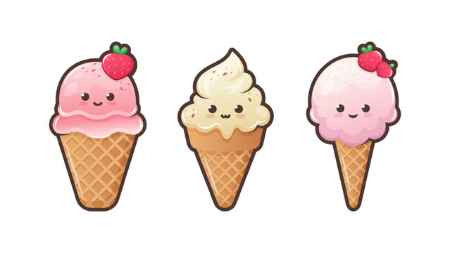 Cute cartoon icecream with funny face. Kawaii ice cream in waffle cone. Sweet food emoji set. Summer dessert vector illustration