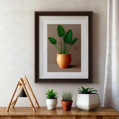 Title: Living Room Interior with Green and Orange Chairs, wall frame mockup product cozy living room 
