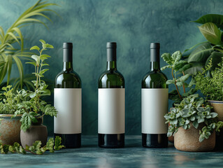 Wine Bottles Mockup Amidst Greenery. Elegant wine bottles mockup surrounded by lush plants, perfect for wine enthusiasts and nature lovers.