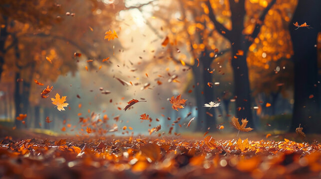 Autumnal Beauty: A picturesque image of colorful autumn foliage in a park or forest, with leaves falling gently to the ground, evoking feelings of coziness and nostalgia. Generative AI