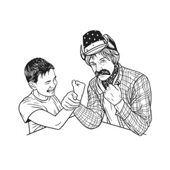 A black and white illustration of an arm wrestling between younger and older man