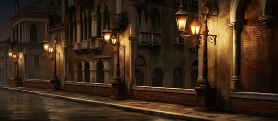 A city street at night illuminated by historic Venetian votive shrines repurposed as street lights. The scene displays a unique blend of old-world charm and modern functionality, casting a warm glow - obrazy, fototapety, plakaty