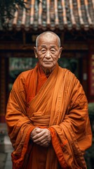 Serene Elderly Monk in Traditional Robes. Generative ai