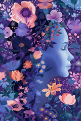 Woman in flowers, floral feminine background. International Women’s Day  happy holiday concept illustration. 8th March celebration of women of all over the world.