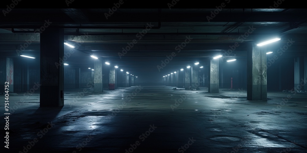 Poster Midnight basement parking area or underpass alley. Wet, hazy asphalt with lights on sidewalls. crime, midnight activity concept.