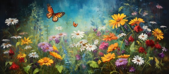 A vibrant painting depicts a butterfly gracefully flying over a lively field of colorful flowers. The butterflys wings are outstretched as it floats above the blooming flowers, adding movement and