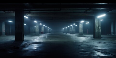Midnight basement parking area or underpass alley. Wet, hazy asphalt with lights on sidewalls. crime, midnight activity concept.