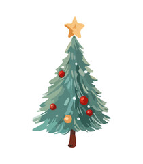 Vector illustration of decorated Christmas tree in snow on white background. Green fluffy xmas pine, isolated on white background. Cute Christmas tree in cartoon watercolor style.