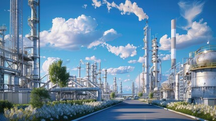 Fototapeta premium an oil refinery under clear skies and good weather conditions, highlighting the intricate machinery and structures against a backdrop of blue skies and fluffy clouds.