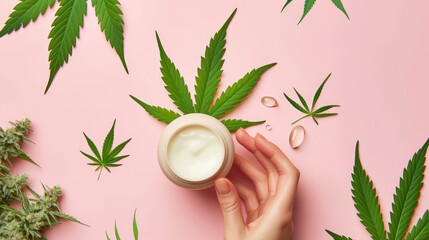 A hand holds an open jar of cannabis-infused cream against a pink backdrop, surrounded by hemp leaves and capsules. - obrazy, fototapety, plakaty