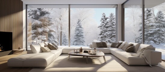A contemporary living room filled with furniture, featuring a large window showcasing snowy...