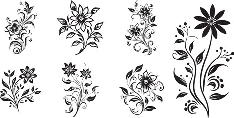 black and white flowers, floral ornament set,