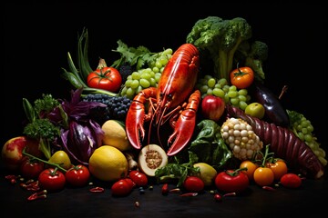 a lobster and fruits and vegetables
