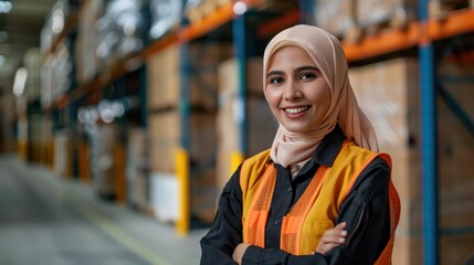 Fototapeta na wymiar A smiling female worker wearing a hijab is photographed in a warehouse setting