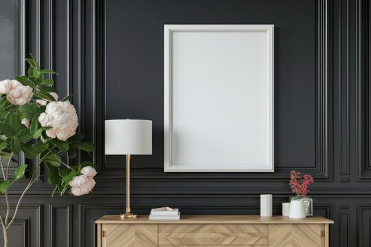 White mockup frame on cabinet in living room interior with empty dark wall background