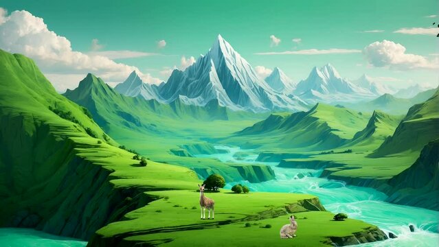 Natural scenery in green forest and river with deer and rabbits Seamless looping 4k time-lapse animation video background
