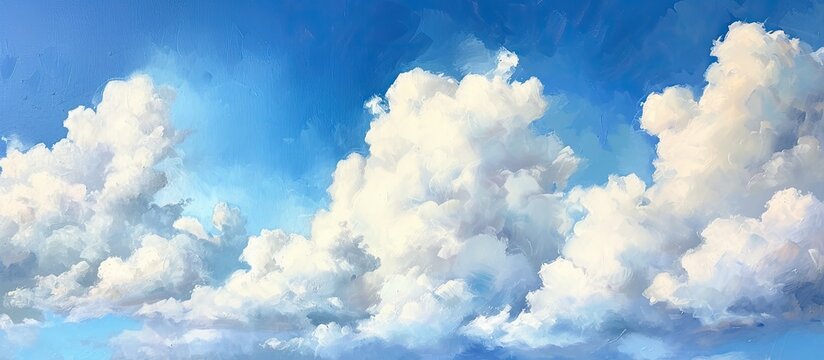 The painting depicts serene white clouds gracefully moving across a mesmerizing blue sky. The contrast between the clouds and the sky creates a captivating scene.