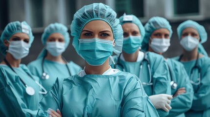 A confident group of healthcare professionals wearing scrubs and protective masks stand together