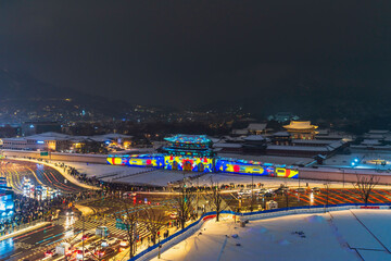 Time lapse of Gyeongbokgung Palace Korean landmark light show in front of Gyeongbokgung Palace and...