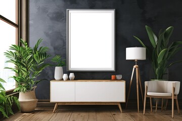 White mockup frame on cabinet in living room interior with empty dark wall background