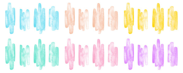 Light pastel colors watercolor  brush strokes, scribbles, squiggles set. Text backgrounds bundle. Hand drawn watercolour smears, smudges, banners. Aquarelle stains social media, stories templates.