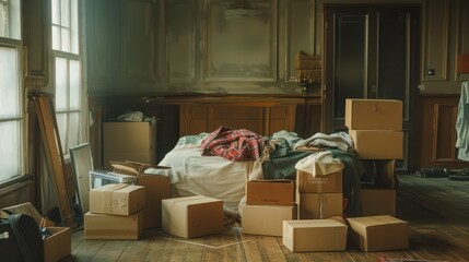 A scene of cardboard boxes stacked with personal belongings and a bed strewn with clothes, portraying the process of moving into an empty room.
