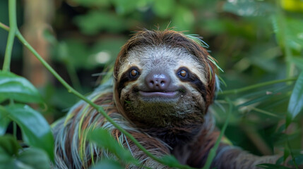 A smiling sloth hanging from a tree with a joyful expression.