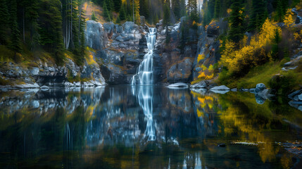 Fototapeta na wymiar Waterfall Reflection: Serene Shot Capturing the Majestic Cascade Mirrored in Crystal Clear Waters