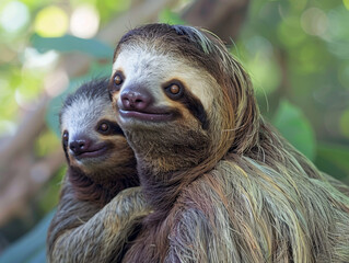 Fototapeta premium Sloth mother with baby, nestled among tropical foliage, sharing a tender moment.