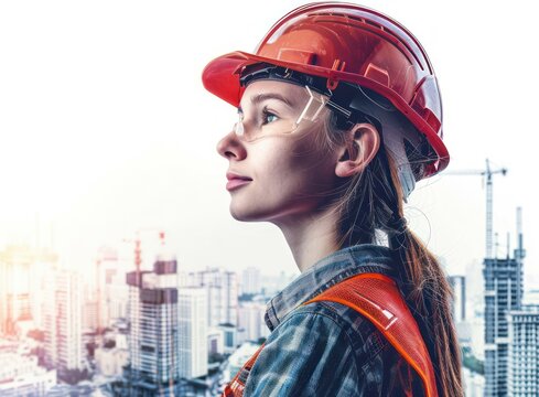 A depiction of a youthful female construction worker wearing a safety helmet, with the backdrop revealing urban structures in progress, against a white background