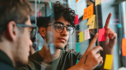 professionals in a brainstorming session, with a focus on a young man with curly hair pointing at sticky notes on a glass wall,