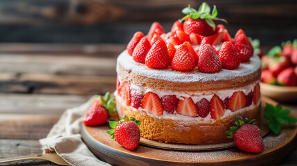 Fraisier mousse cake. Strawberry cake on a wooden background. Summer dessert. Copy space.