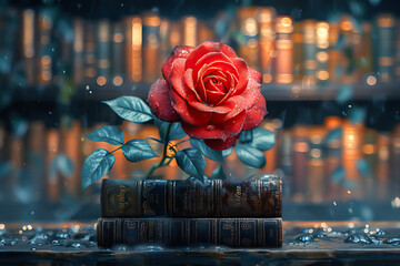 Red rose on old books. World writers’ day. World poetry day. World book day - obrazy, fototapety, plakaty