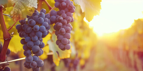 Bunch of ripe blue grapes in the vineyard in the sunset sunlight, distillery