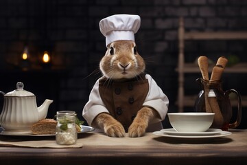 a rabbit wearing a chef hat and standing at a table