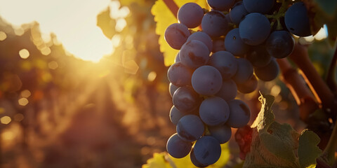 Bunch of ripe blue grapes in the vineyard in the sunset sunlight, distillery