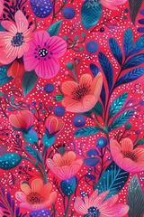 Möbelaufkleber Colorful Hand-Drawn Floral Retro 60-70s Style Nostalgic Fashion Textile Bold Background. © ksu_ok