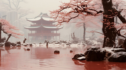Ancient buildings by the lake in winter
 - obrazy, fototapety, plakaty