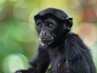Fototapeta premium Pensive spider monkey with striking eyes in a green, blurred background.