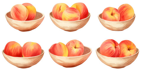 watercolor art of peach in glass bowl isolated on a white background as transparent PNG