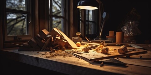 Fototapeta na wymiar Wood working desk near the window with incandescent lighting, Wood working tools and wood shavings. Intentionally shot with low key shadows and shallow depth of field.