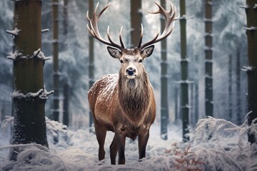 Naklejka na ściany i meble a deer standing in a snowy forest