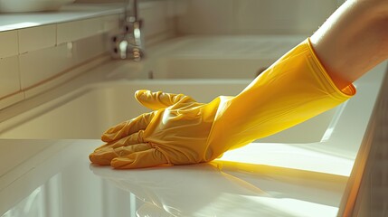 a hand clad in bright yellow latex gloves, busy in the kitchen performing household tasks amidst the white details of the space, epitomizing the dedication and attention to detail in home management. - obrazy, fototapety, plakaty