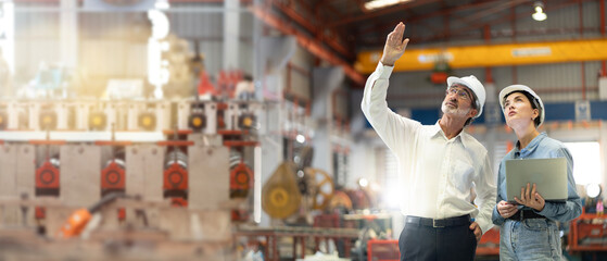 two professional engineer,worker,technician use clipboard discuss work, walk in steel metal...